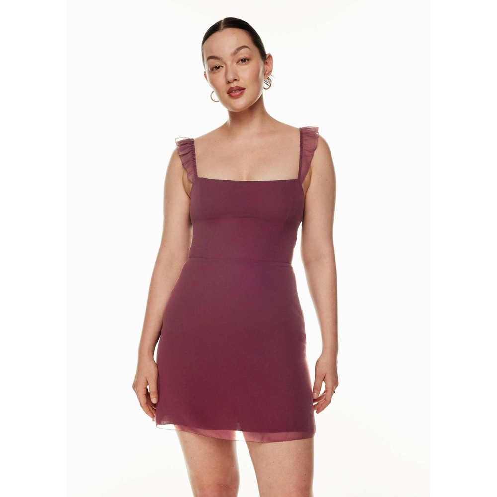 Wilfred Aritzia Fete Mini Dress Burgundy Purple Ruffle Strap Chiffon NWT‎ NEW 12
